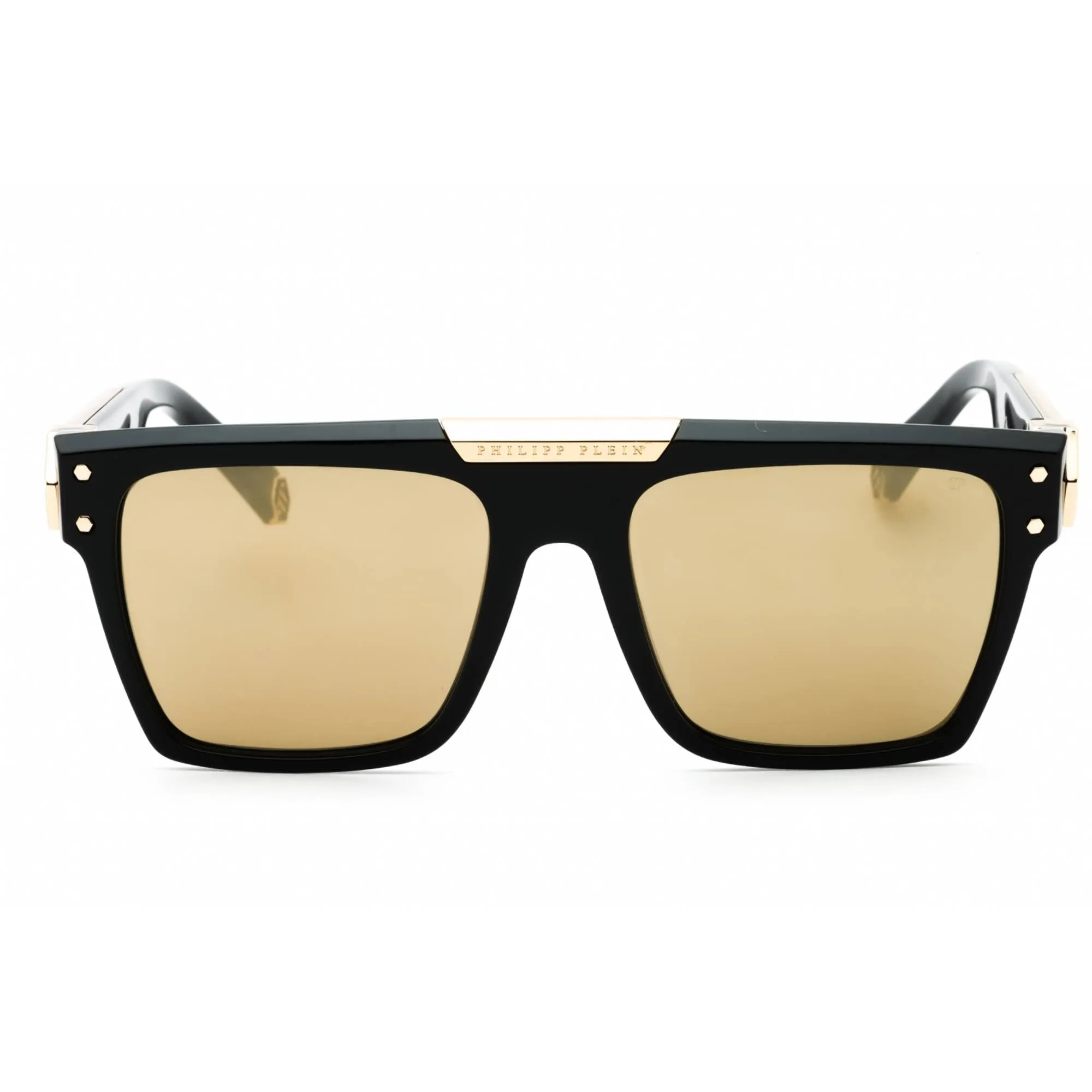 Philipp Plein Men's Sunglasses - Shiny Black/Gold Plastic Browline Frame | SPP080 700G